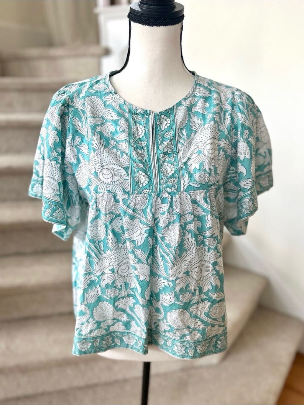 Marea by Liz Joy Aqua Blue & White Floral Block Print Top